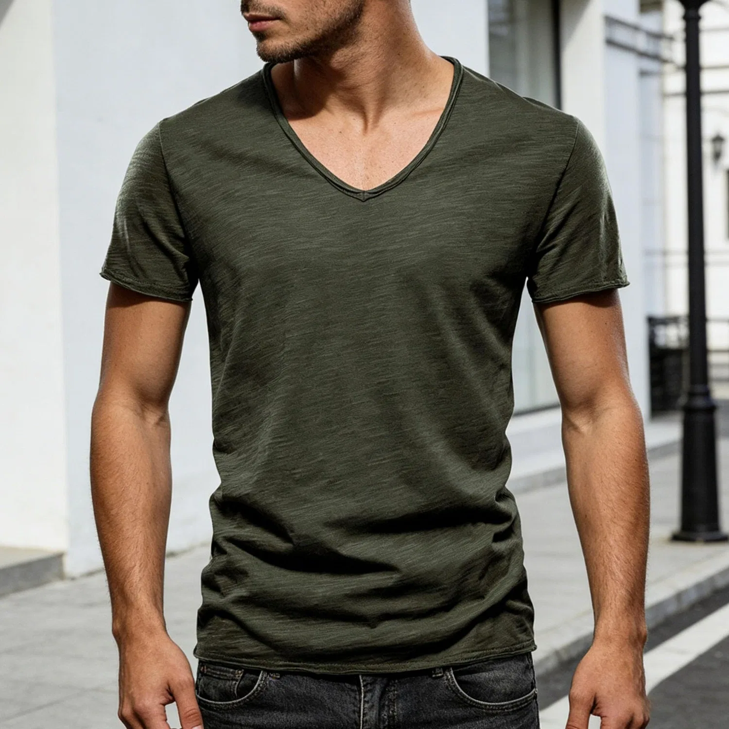 Мужская хлопковая футболка с v-образным вырезом, Army Green — фото 3