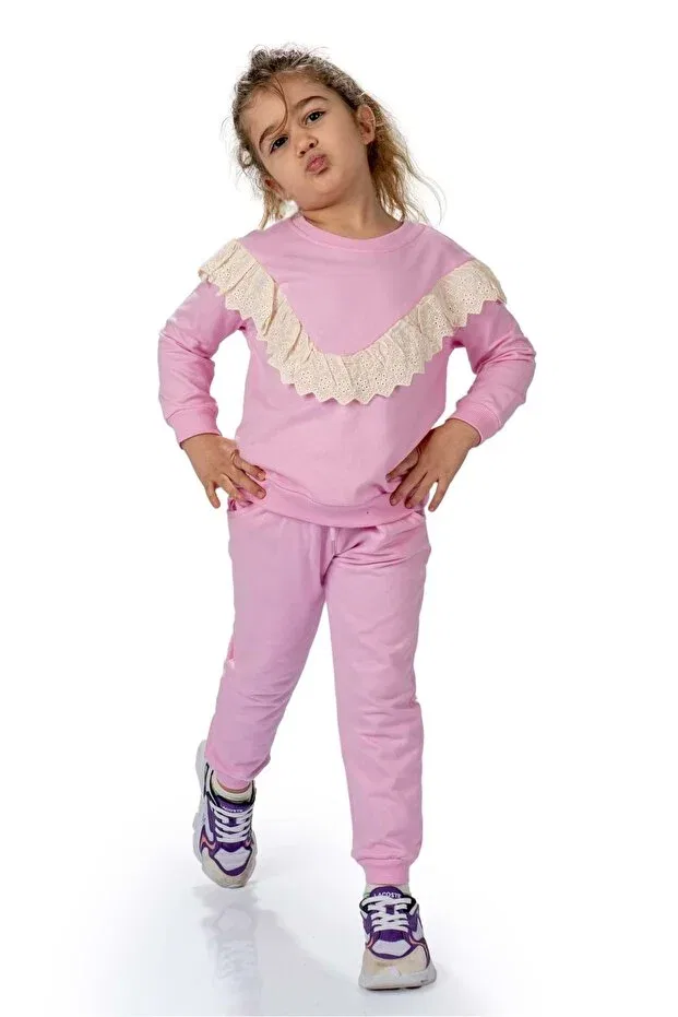 Детский комплект спортивного костюма для девочек Scalloped Crew Neck Two Thread Girls Tracksuit Set Mnk Baby&Kids, Pink