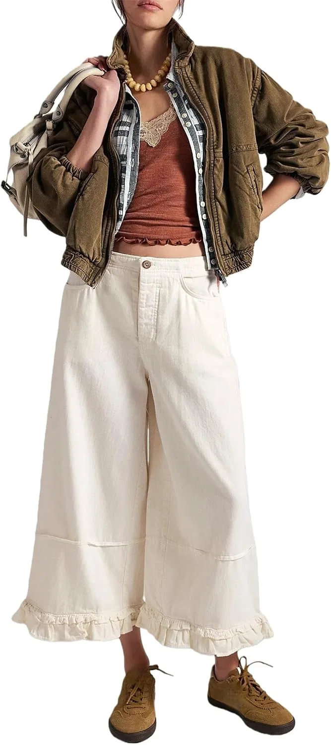 Женские джинсы с оборками по низу, Wide Leg, белый