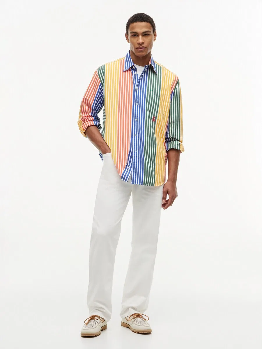 Рубашка TOMMY HILFIGER Comfort fit Button Up Shirt 'Relaxed Fit Multicolour Stripe' оранжевого цвета — фото 4