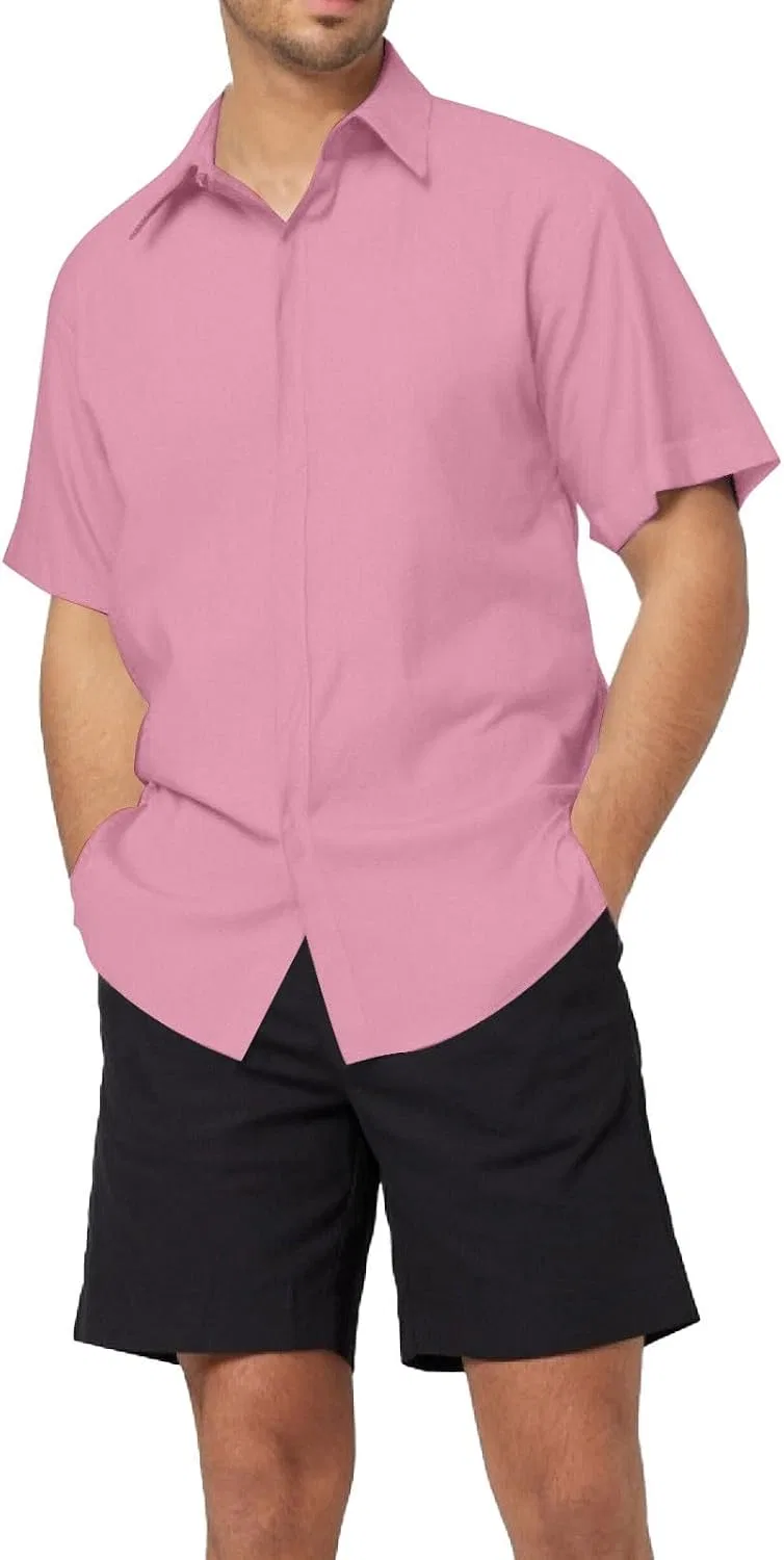 Мужская рубашка с коротким рукавом, легкая, на пуговицах, Polyester and cotton, B- Pink — фото 2