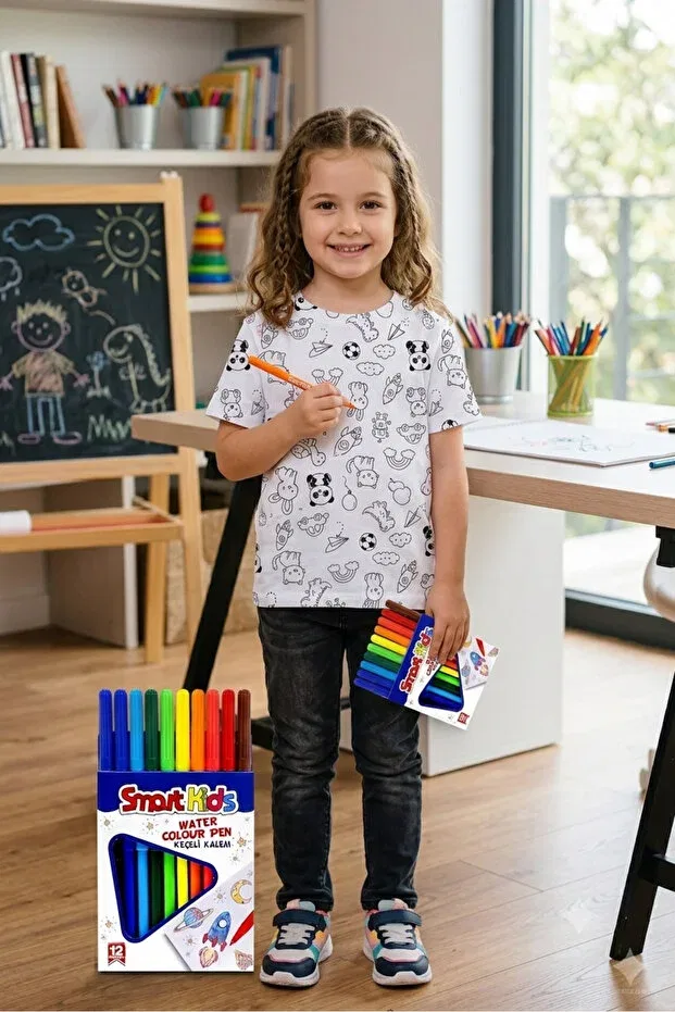 Детский комплект футболок с принтом Washable magic painting activity t-shirt set Parti Kırtasiye, White