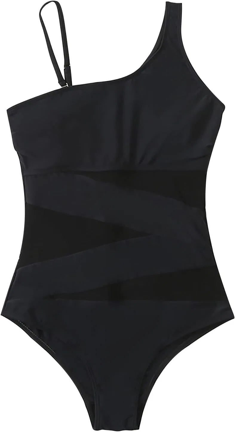 Женский слитный купальник с утяжкой живота one shoulder, Black
