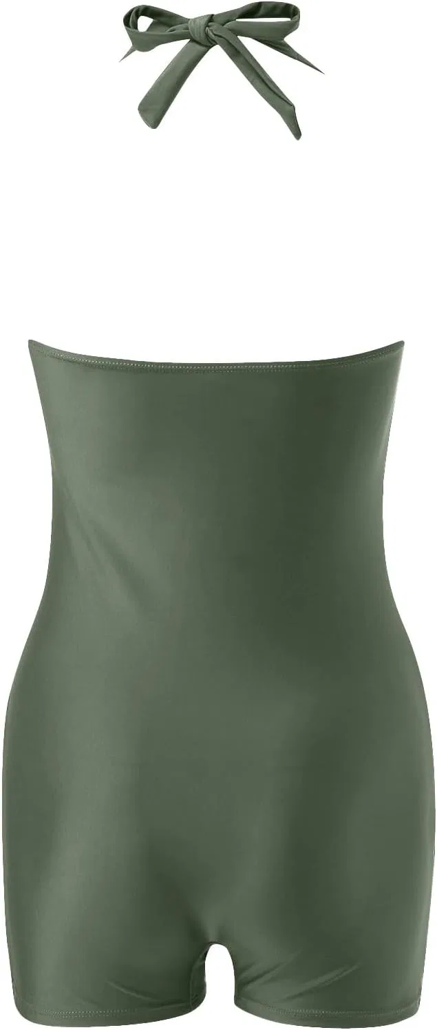 Женский цельнокроеный купальник с утяжкой живота ruched Halter Twist Front Retro, Army Green — фото 4