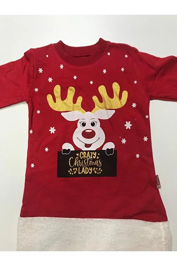 Детское платье для девочек с принтом Winter 2-thread fleece-lined and plush detailed crew neck christmas patterned baby girl children's dress Baby Slon Kids Clup, Red-Deer — фото 2