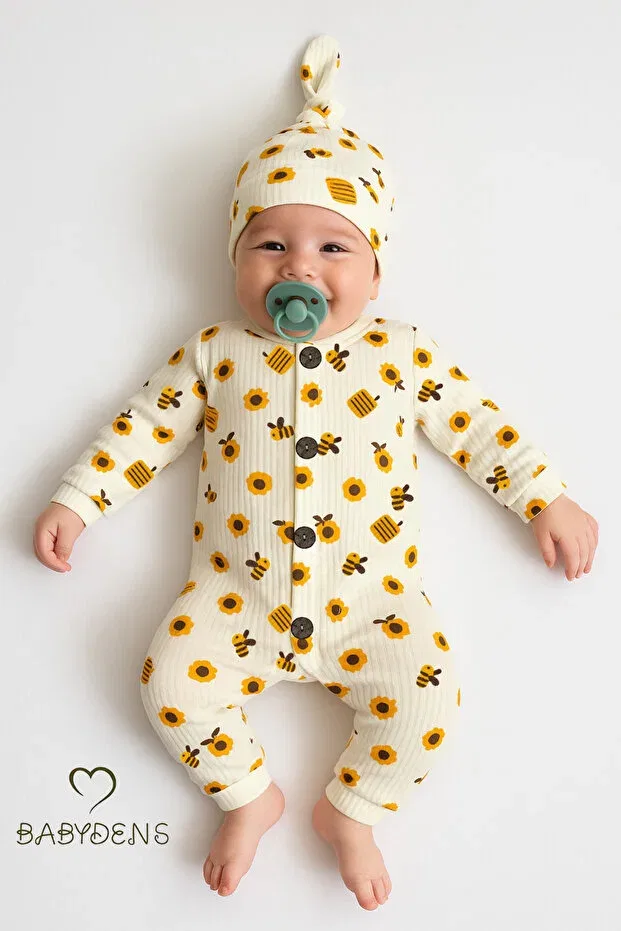 Детский комбинезон для новорожденных с принтом Bee & Sunflower Pattern Buttoned Hat Ribbed Ribbed Baby Romper Babyden'S, Ecru-Yellow