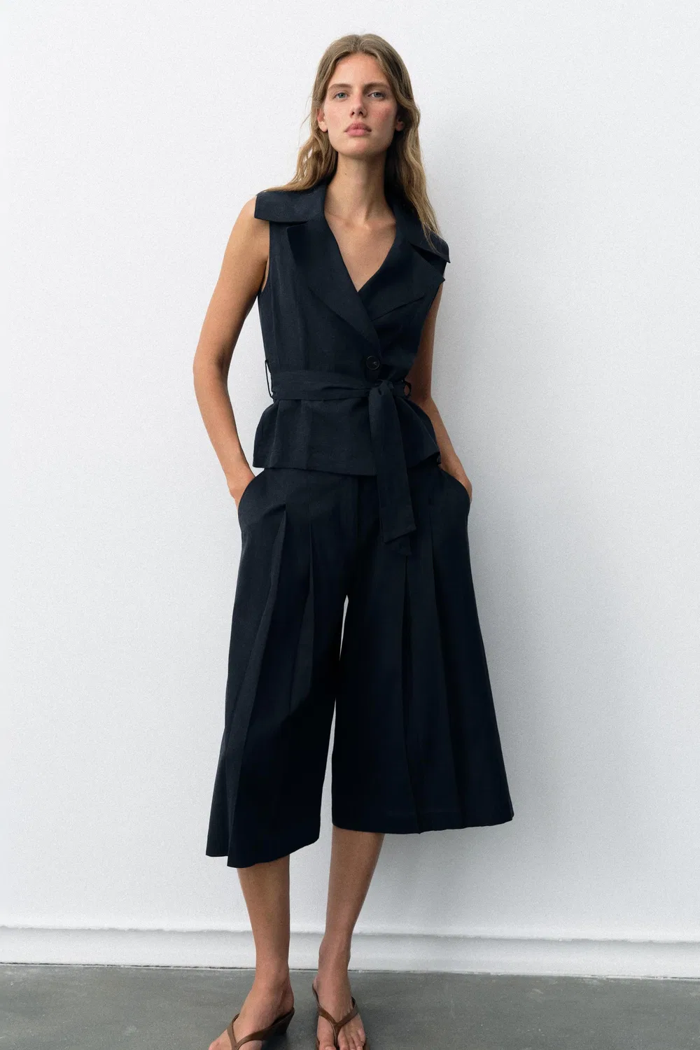 Длинные бермудские шорты из льняной смеси ZARA, Navy blue