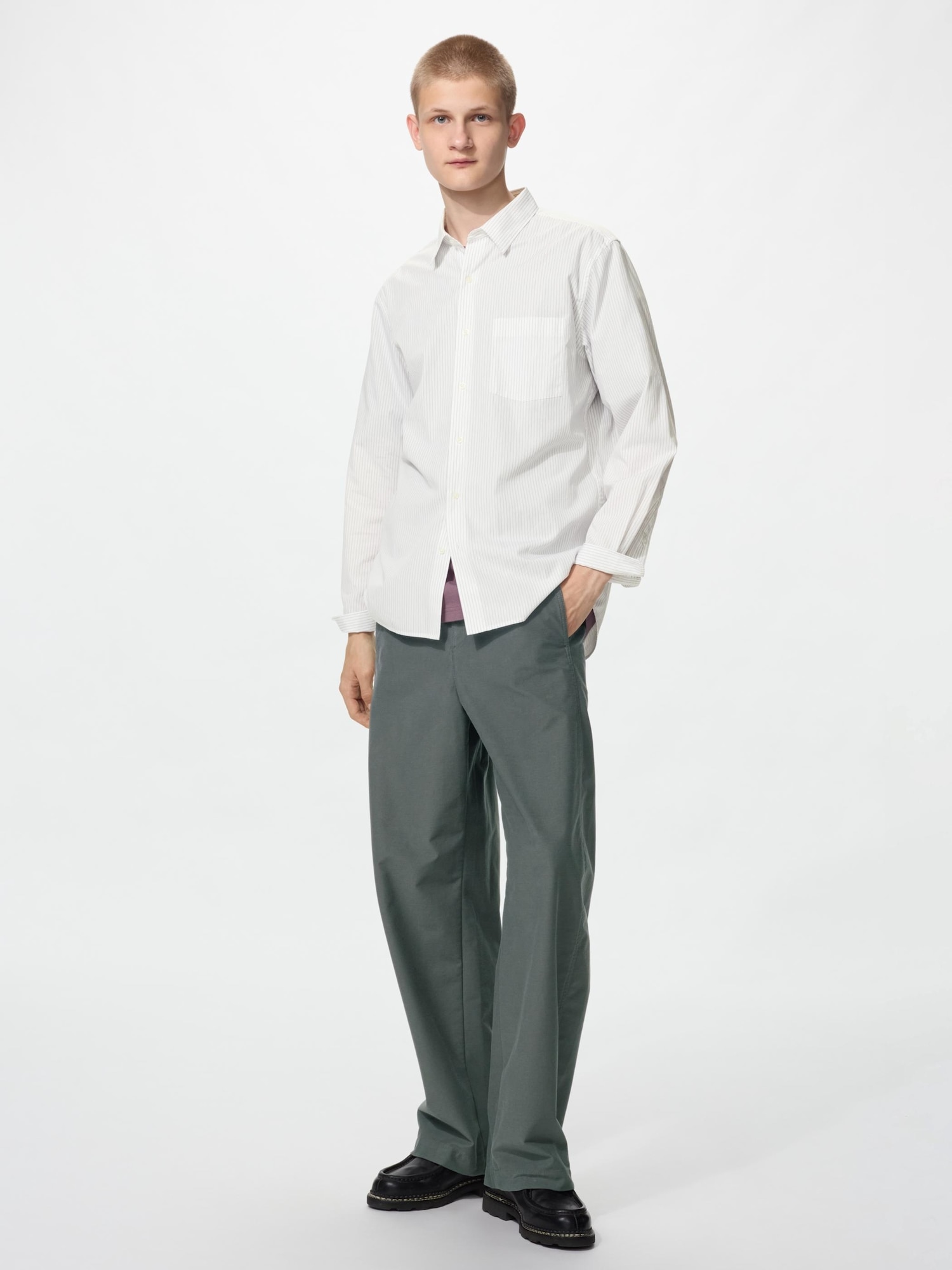 Рубашка Uniqlo Broadcloth Striped Regular Collar Unisex, 01 белый — фото 4