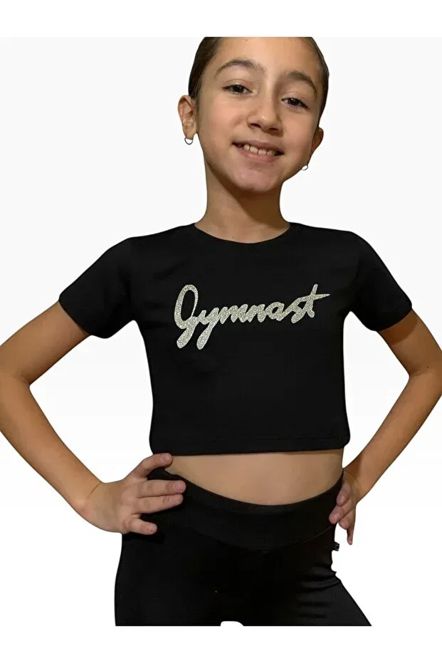 Детская футболка для девочек с коротким рукавом Black crop silver gymnast t-shirt She Can Wear, Gymnast Gümüş