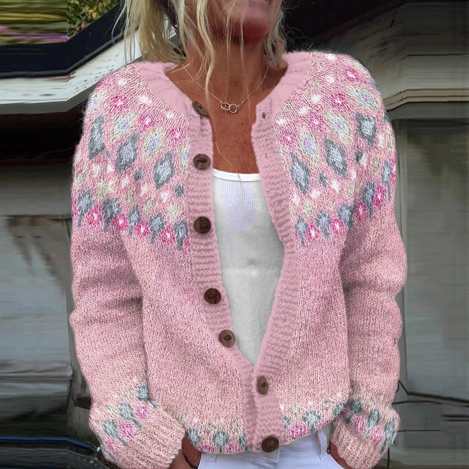 Женский кардиган с принтом, длинным рукавом, модель Print Long Sleeve Crewneck Sweaters Ribbed Buttons Ribbed Cuffs Sweater Short Cardigan Knitted Comfortable Knitted Cardigan 2025, Pink — фото 3