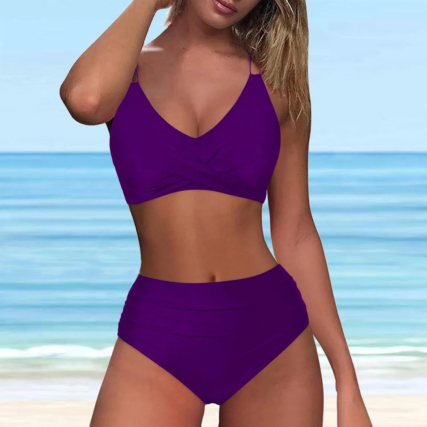 Женский бикини с высокой талией, двухцветный, Purple — фото 2