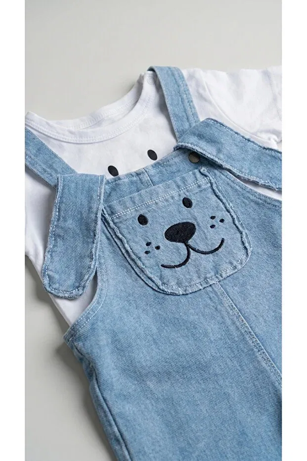 Детский комбинезон для девочек с принтом Baby dog figured appliqued denim look salopet bodysuit double set Sabi, White — фото 2