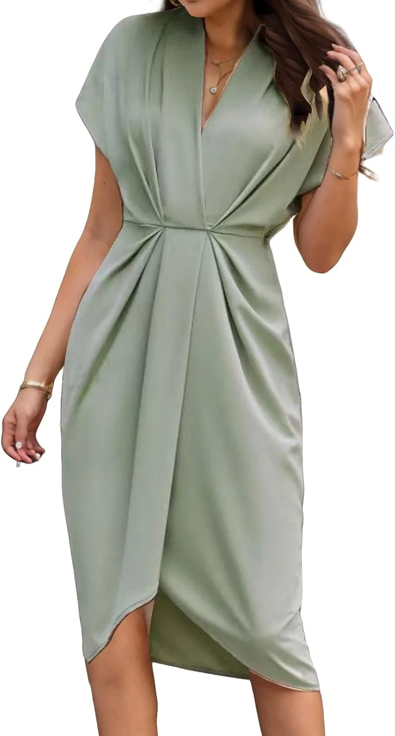 Женское летнее платье свободного кроя V-образным вырезом, Light Green