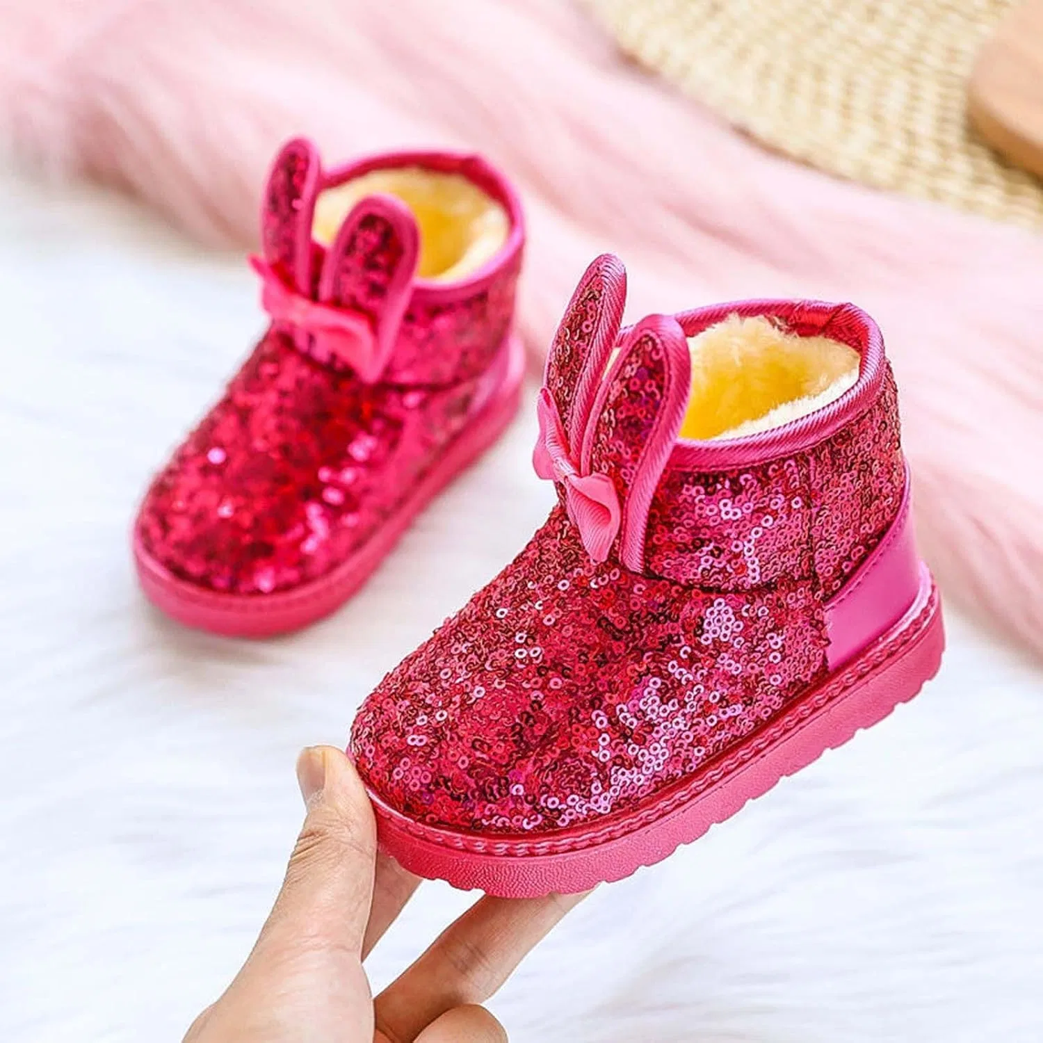 Детские зимние сапоги для девочек с блестками IWIHMIV, Hot Pink — фото 2