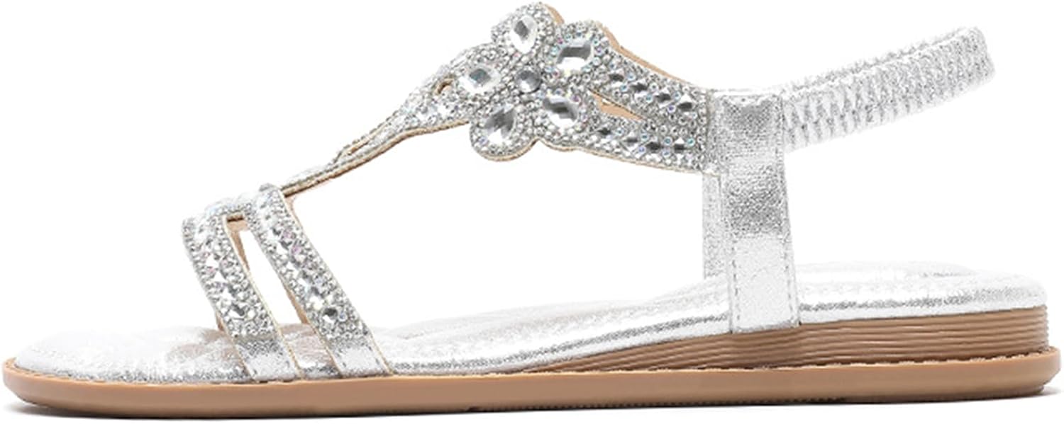 

Женские сандалии с камнями стразы, бохо сандалии на плоской подошве с жемчугом и кристаллами, с Т-образным ремешком и ремешком на щиколотке, удобные для прогулок, легкие повседневные летние пляжные туфли Generic, серебро
