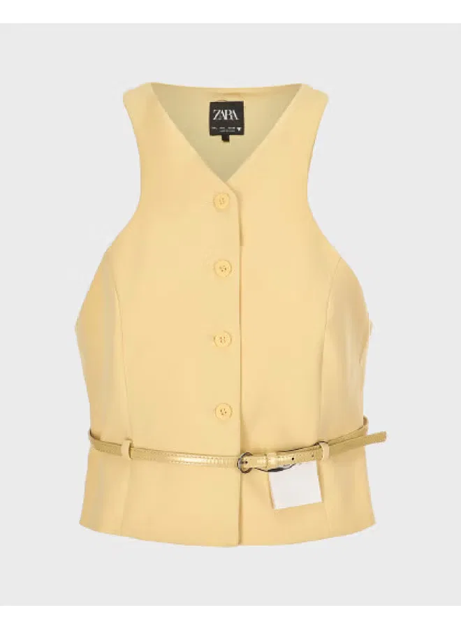 Жилет с поясом на талии, V-образным вырезом, Zara, желтый