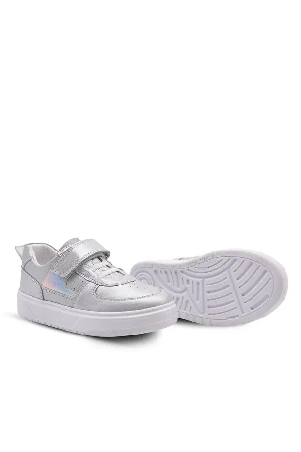Детские туфли для девочек кожаные с ортопедической стелькой Rolly single velcro leather Kids A More, Silver — фото 3