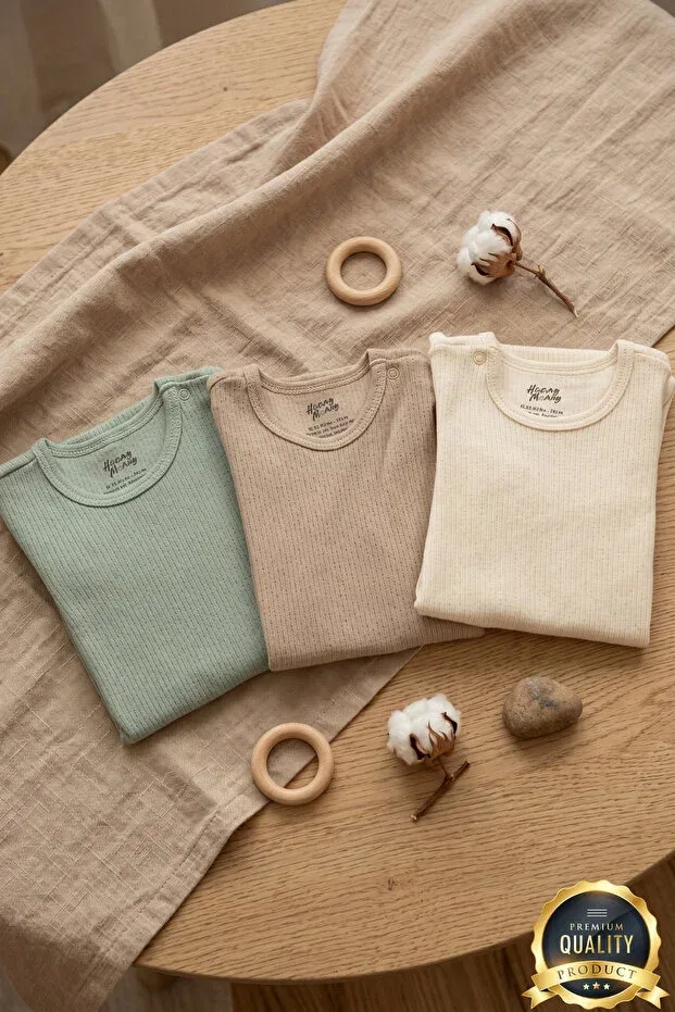 Детский комплект боди для мальчиков с коротким рукавом Premium ribbed fabric 100% organic cotton 3-piece baby boy short sleeve bodysuit set with snap fasteners Huggy Mommy, Colored — фото 4
