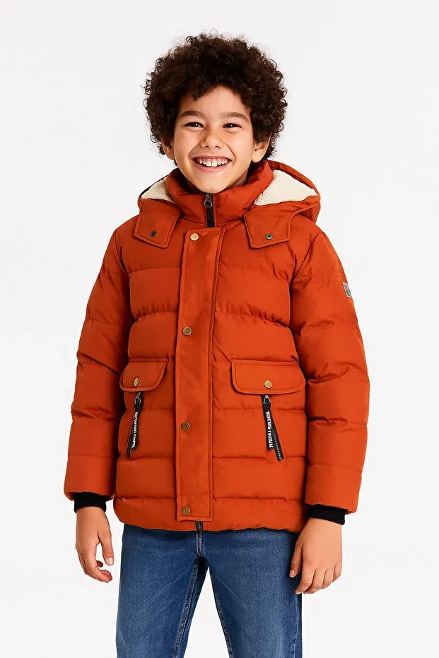 Детское пальто для девочек утепленное с капюшоном Furry Hooded Boy's Tile Coat Mika Bebek & Çocuk, Tile
