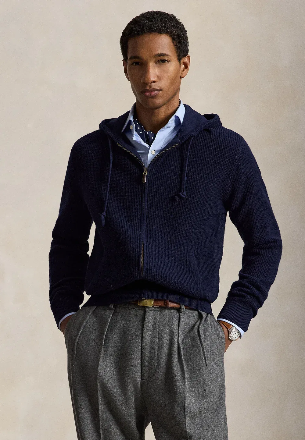 Вафельный свитер с капюшоном из шерсти и хлопка - кардиган Polo Ralph Lauren, Hunter Navy