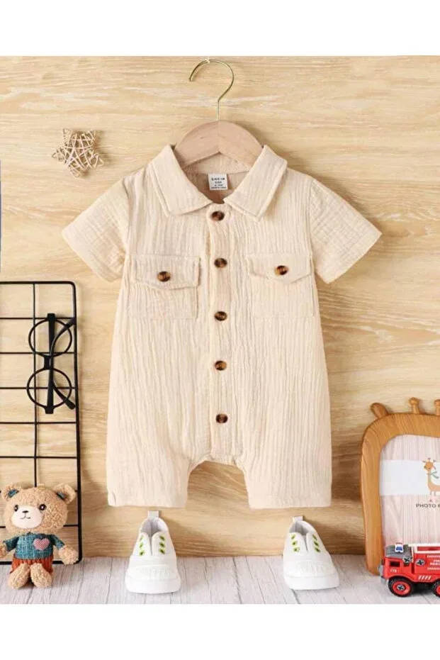 Детский комбинезон хлопковый Unisex baby&child 100% cotton wooden buttoned pocket muslin jumpsuit-ecru Bubito, Ecru