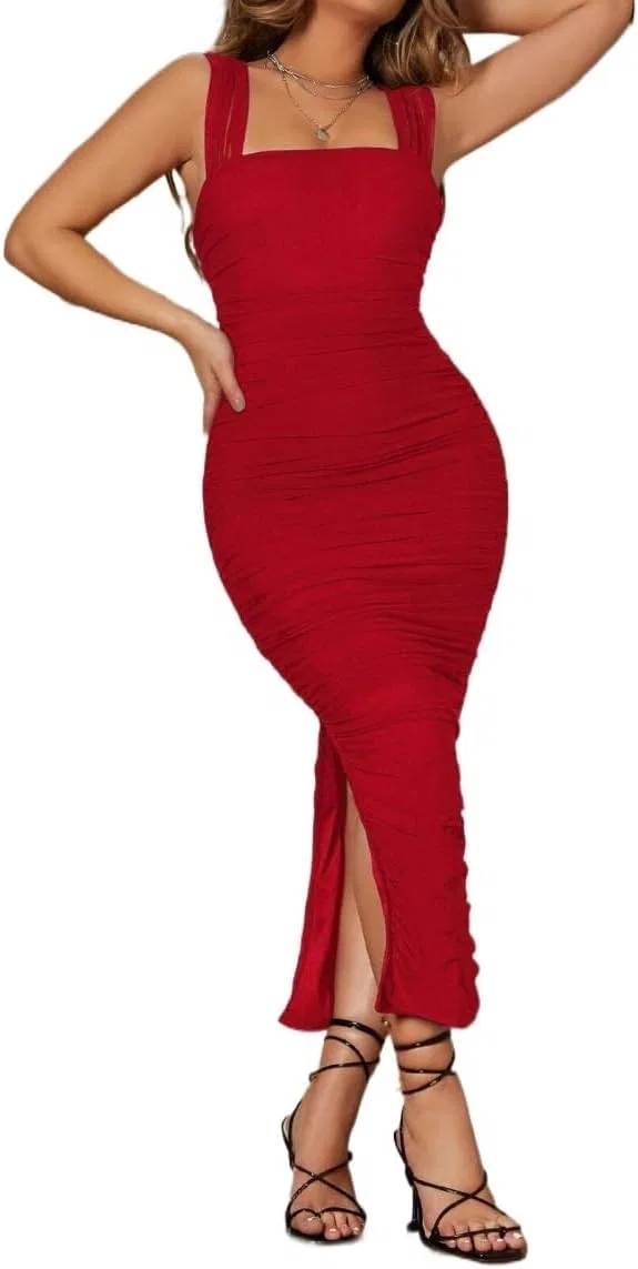 Женское длинное платье-комбинация с разрезом Bodycon, Burgundy