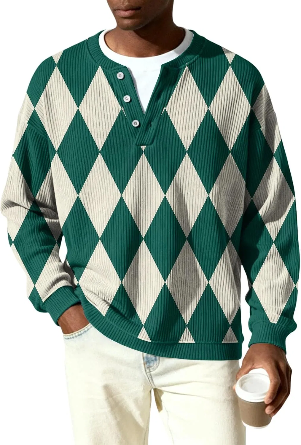 Мужская футболка с длинным рукавом Ribbed Knit Henley, тёмно-зелёный — фото 2
