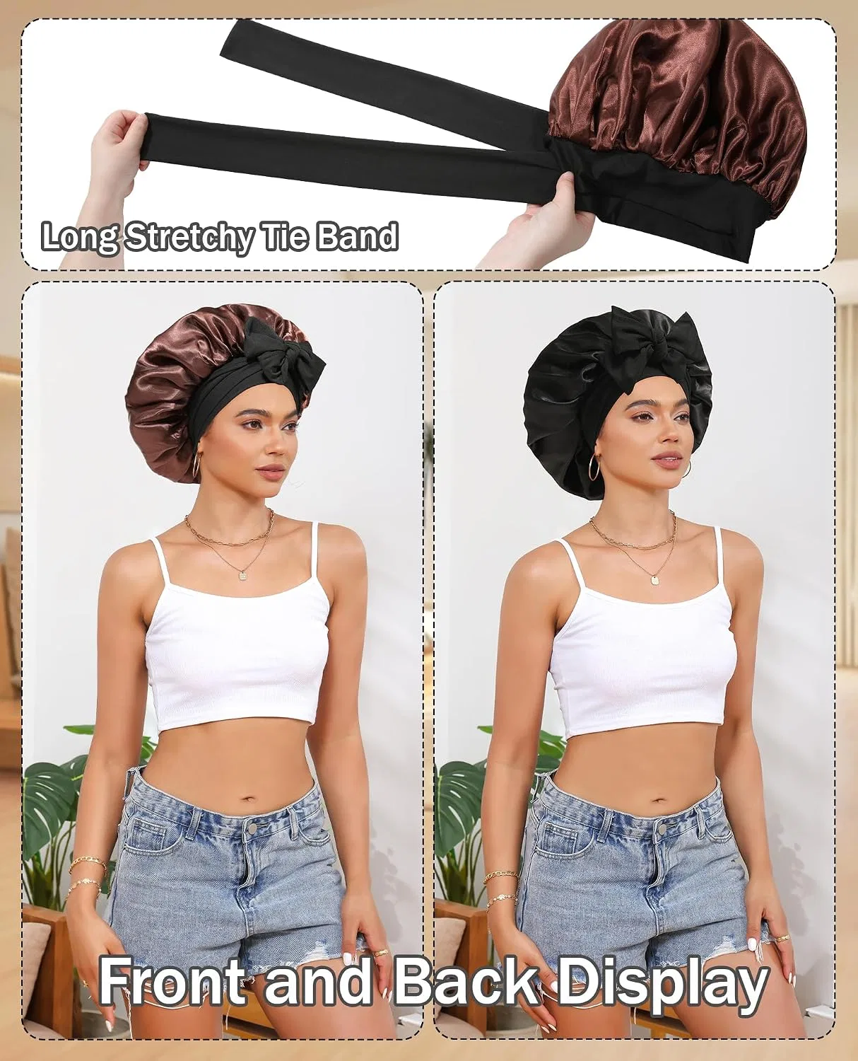 Шапочка для душа Satin Bonnet, двойной слой, с эластичной лентой, CHLINS, 35 см, Black + Yellow Brown — фото 2
