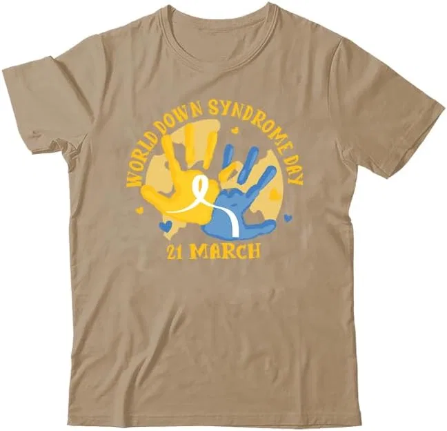 Унисекс футболка с принтом V-образным вырезом World Down Syndrome Day, Khaki