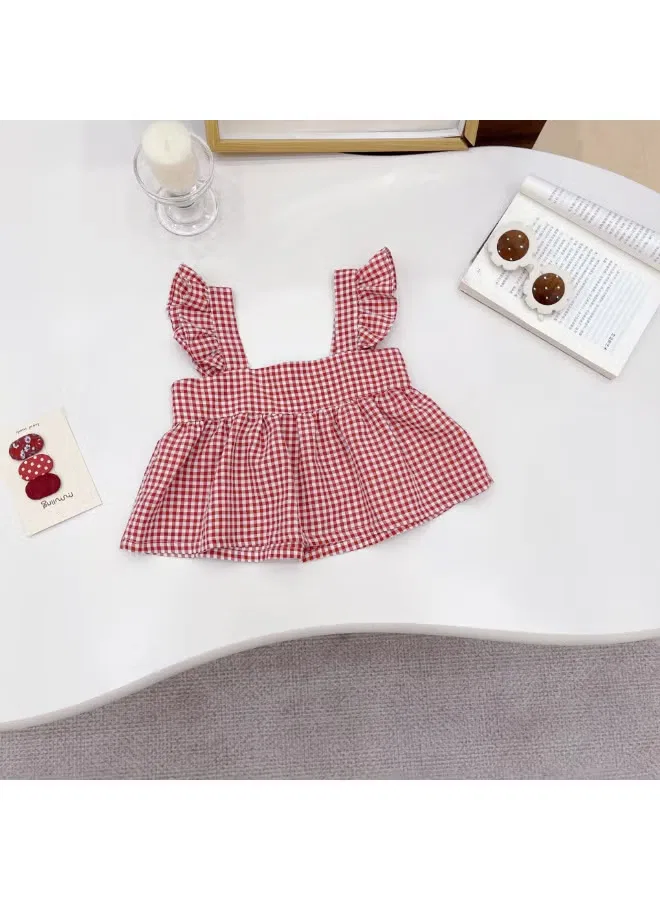 Комплект для девочки с принтом в клетку, модель Ruffle Strap Top & Lace Trim Skirt, Ayada Home, красный — фото 2