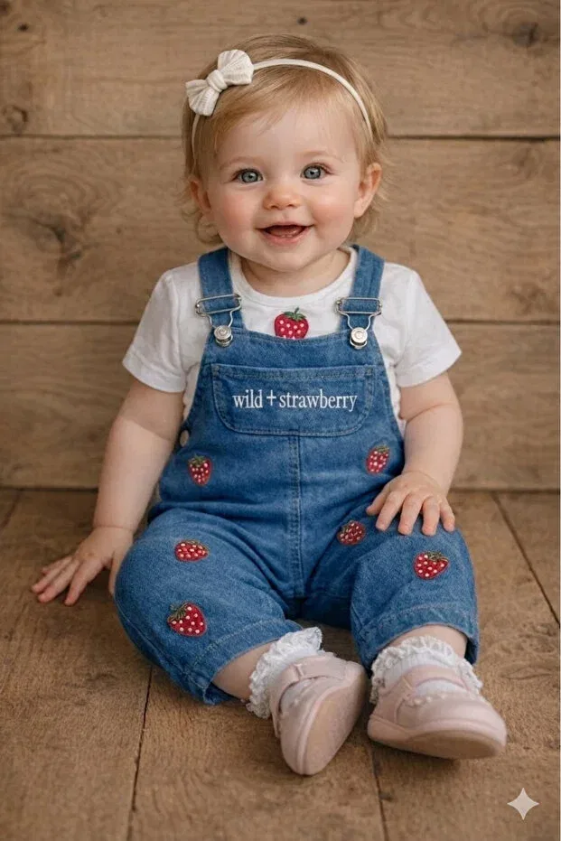 Детский комбинезон для девочек джинсовый с коротким рукавом Strawberry Embroidered Eymirgiyim, Dark Blue
