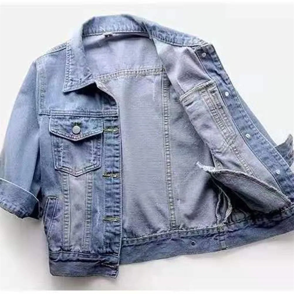 Женская джинсовая куртка с рукавом 3/4, slim fit, на пуговицах, Azzurro — фото 2