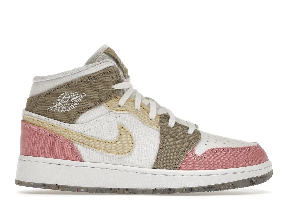 Детские кроссовки высокие с пастельным принтом Jordan 1 Mid SE Pastel Grind, White/Vivid Green-Pink-Tan