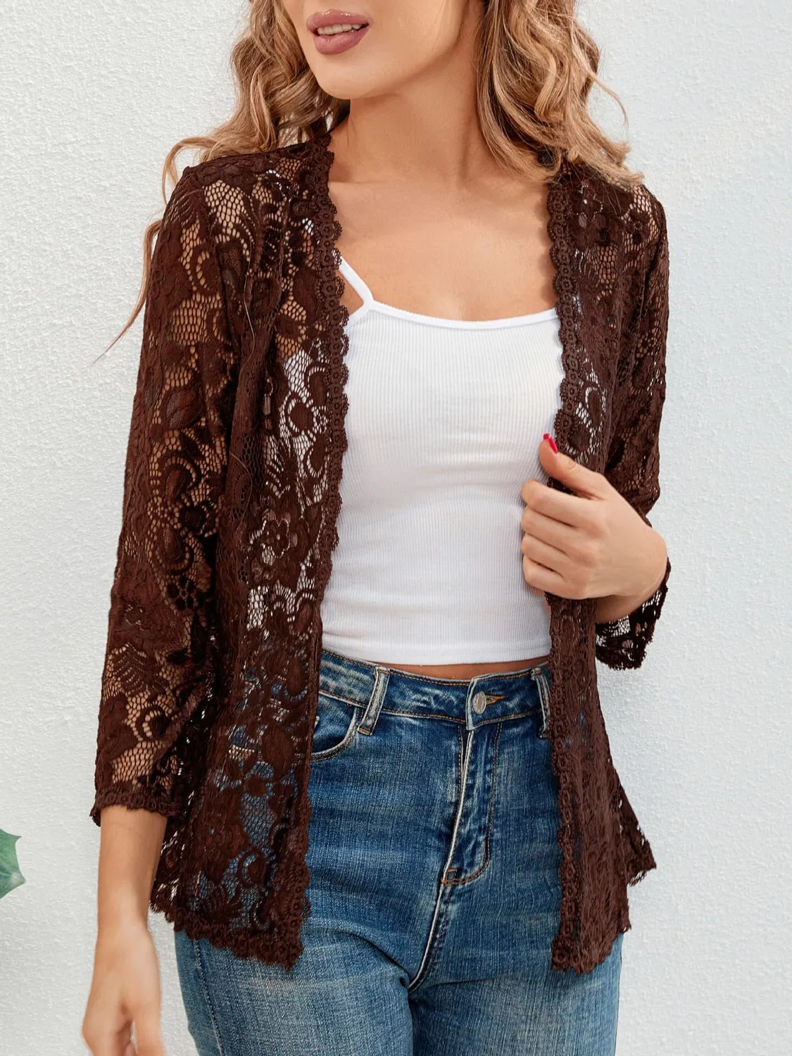 Женский кардиган с цветочным кружевом с рукавом 3/4, модель Bolero, Brown — фото 3