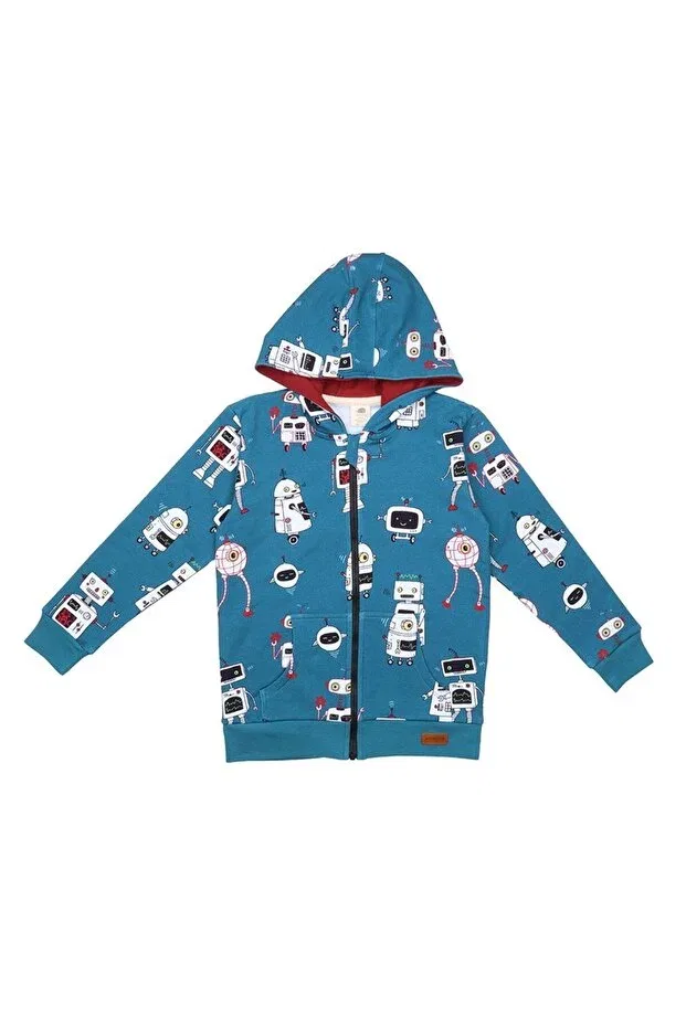 Детский кардиган с капюшоном Robot Pattern Digital Printed Organic Baby Sweat Jacket Walkiddy, Blue