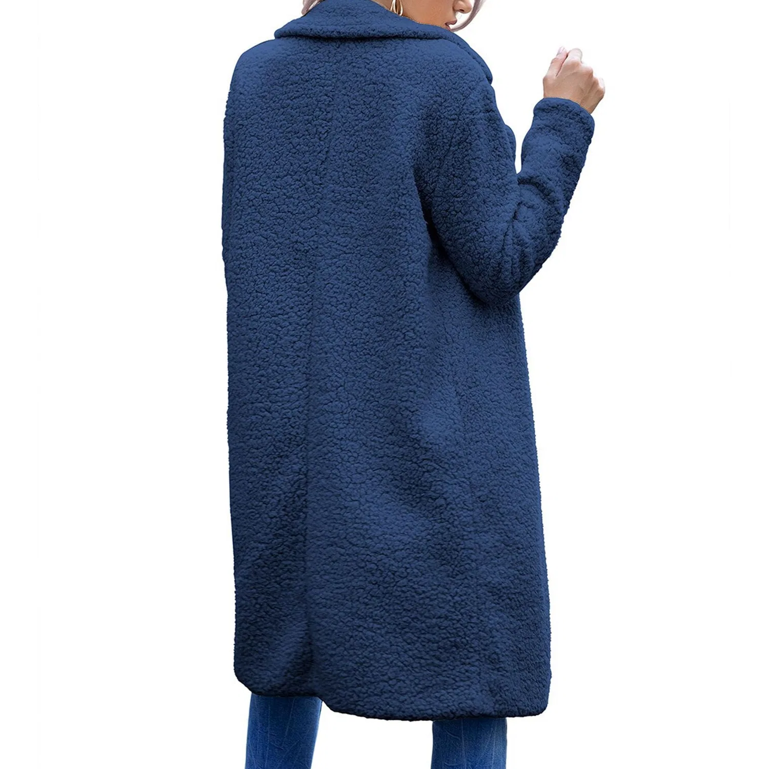 Женское пальто из флиса с лацканами и длинным рукавом, Blu navy — фото 3