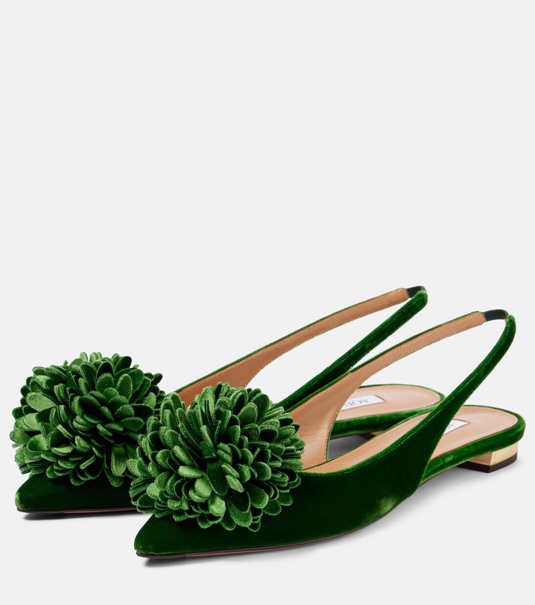 Бархатные балетки Couturier с пяткой на пятке Aquazzura, цвет malachite — фото 4