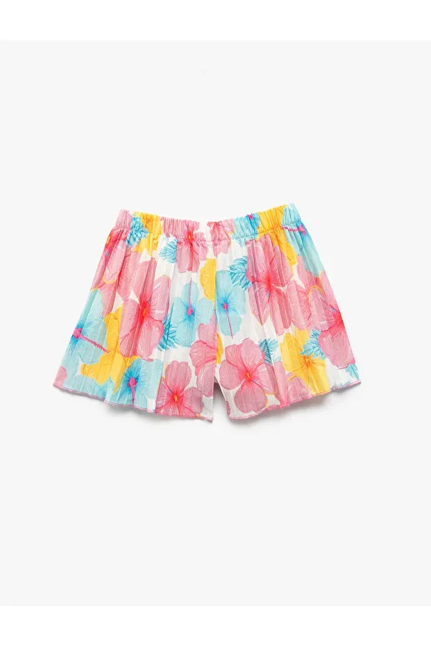 Детские шорты для девочек с принтом Floral patterned lace-up waist pleated shorts Koton, Blue Patterned — фото 2
