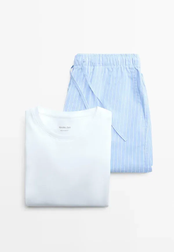 Пижамный комплект из хлопка, модель Short sleeve pyjama top and striped trousers, Massimo Dutti, синий — фото 4