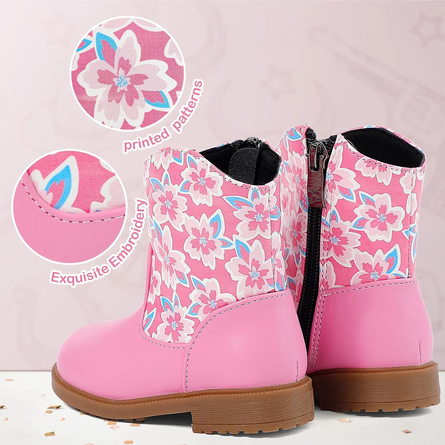Детские сапоги для девочек с вышивкой Cowboy Cowgirl DUONITITI, Pink Flowers — фото 4