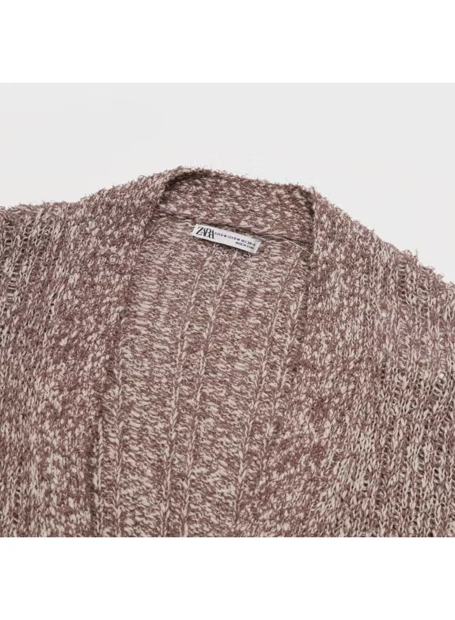 Кардиган вязаный с длинным рукавом и контрастными панелями Zara, коричневый — фото 4