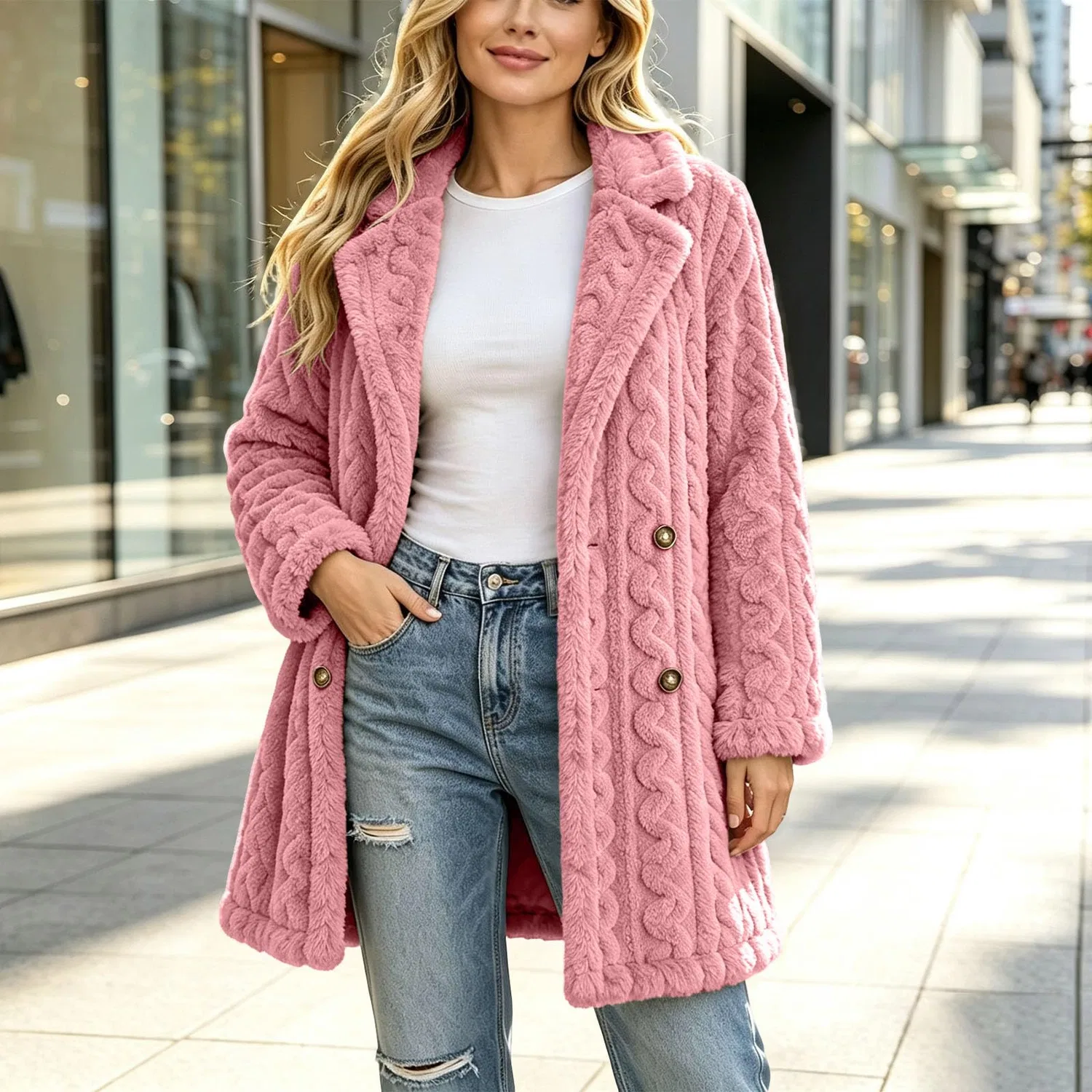 Женское пальто с длинным рукавом, мягкое, теплое, oversize, rosa — фото 3