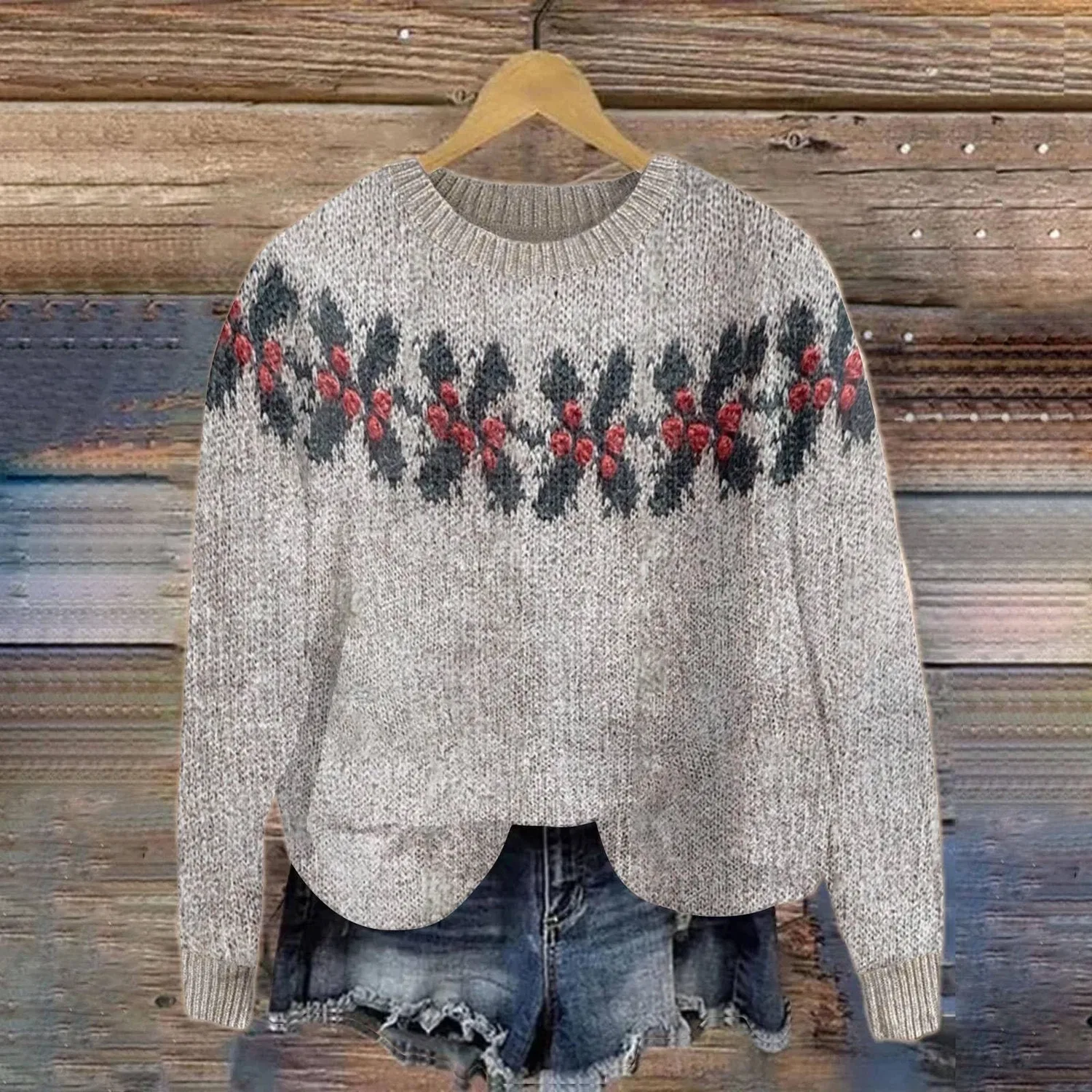 Женский свитер с принтом Fair Isle HUIFUAO, Z23 Grey — фото 3