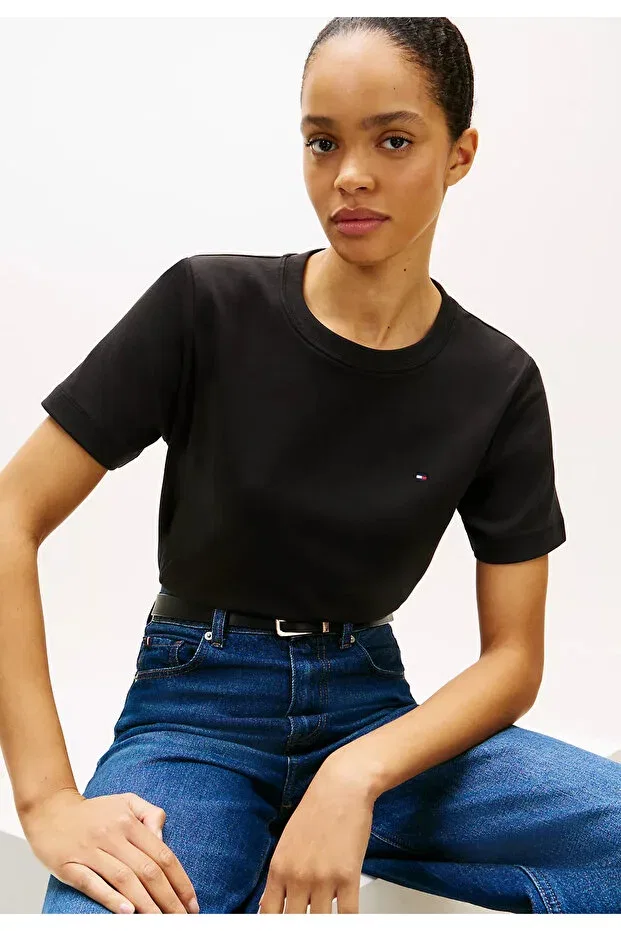 Женская хлопковая футболка с коротким рукавом Tommy Hilfiger, Black — фото 3