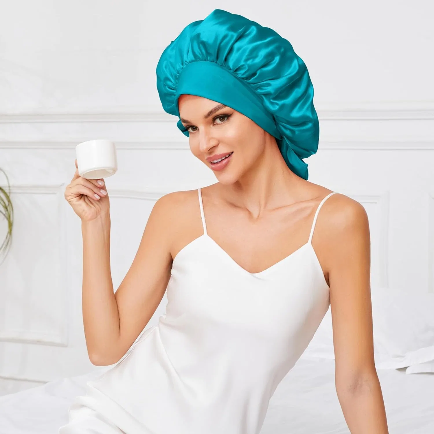 Шапочка для душа Satin Bonnet, BE BIGEDDIE, двойной слой, большой размер, A-04-Peacock Blue — фото 2