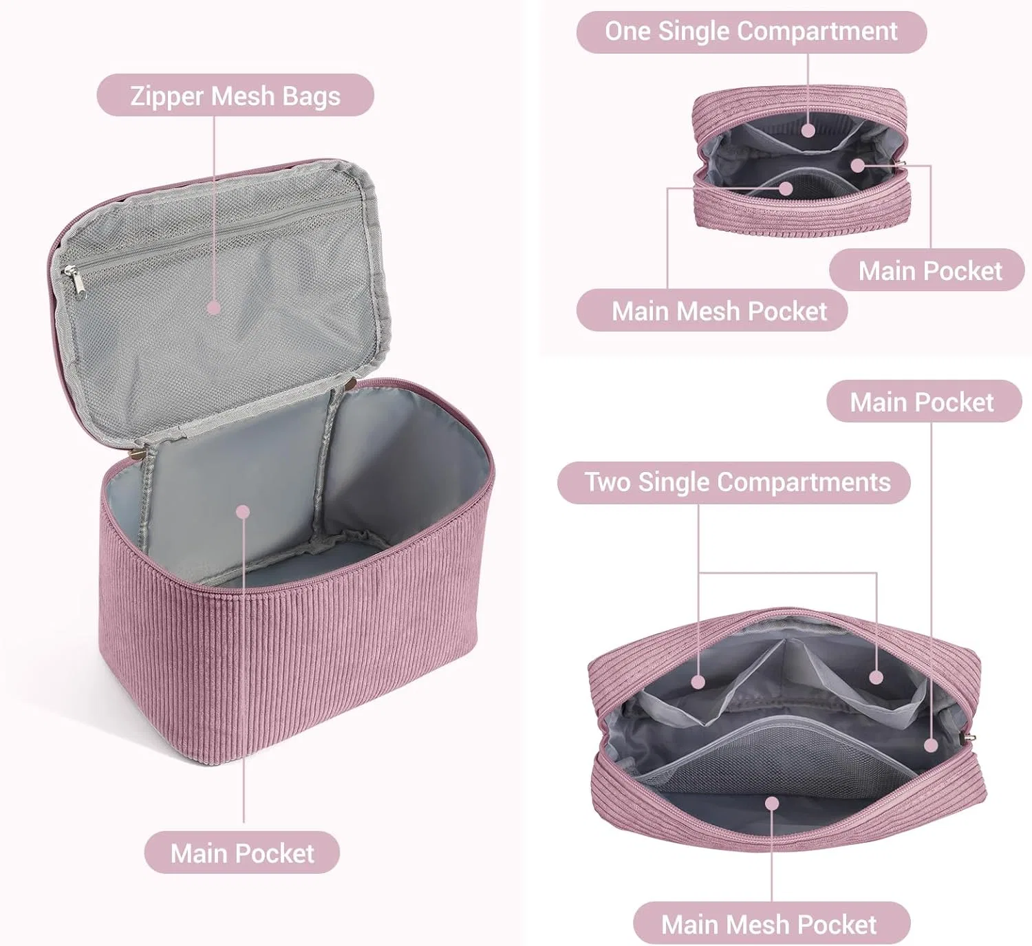 Набор из 3 косметичек MAGEFY для сумочки, вельветовые Magefy, Pink - 3 Pack — фото 3