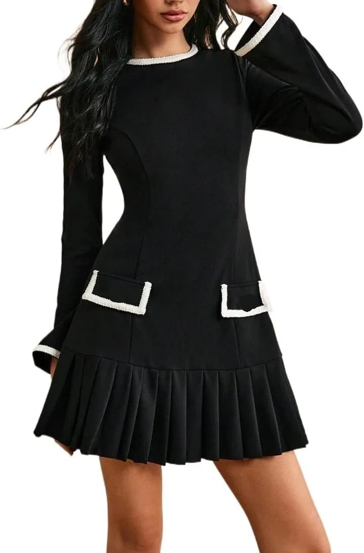 Женское A-силуэта короткое платье с длинным рукавом, Black