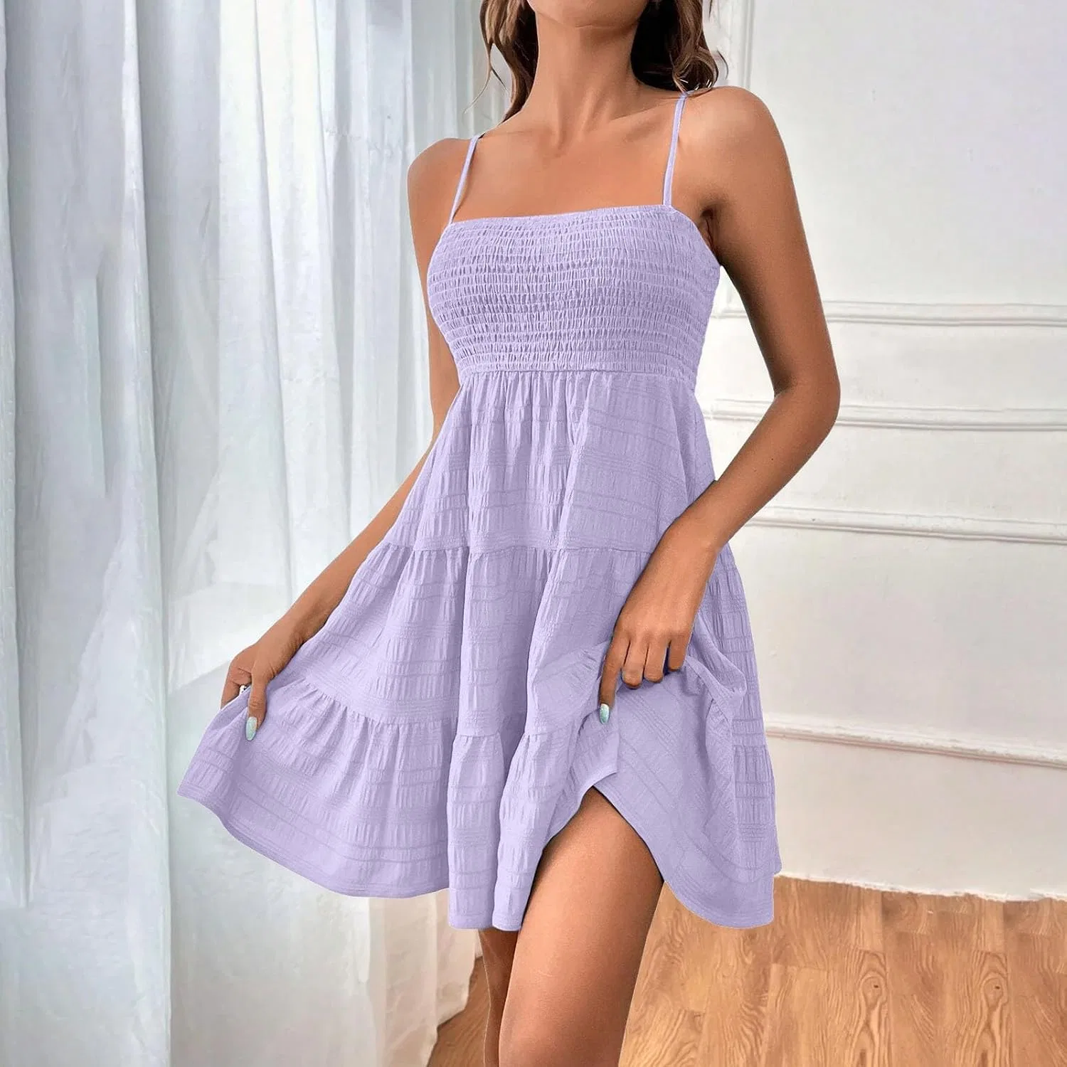 Женское мини-платье на бретелях с смок-деталью Summer Dresses, Purple — фото 3