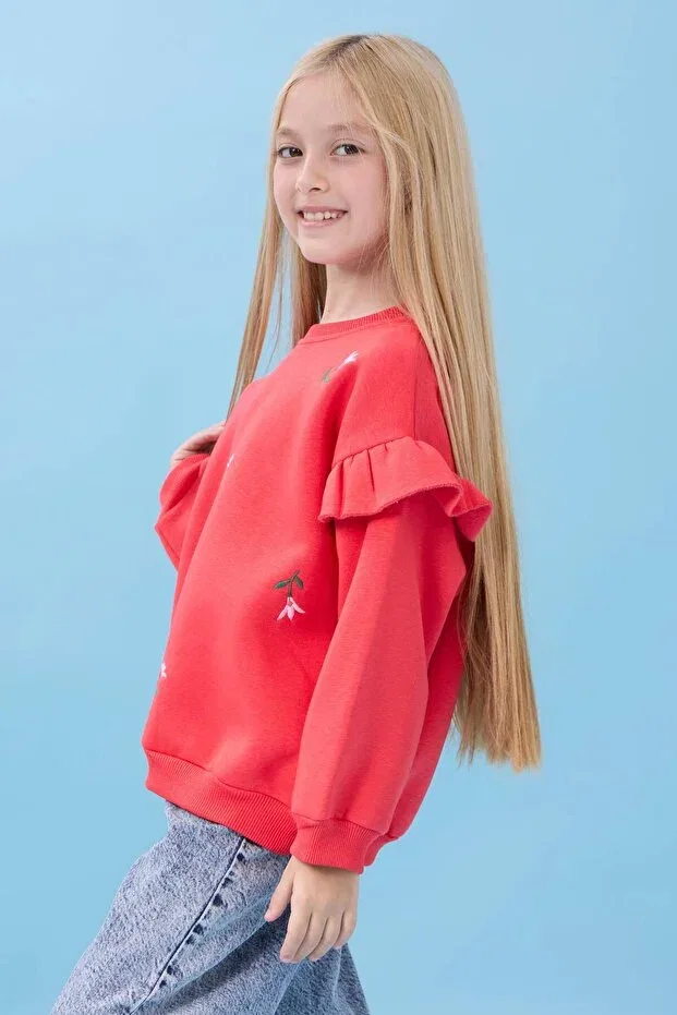 Детские свитшот для девочек с принтом Girl'S ruffle detailed floral embroidered hooded oversize sweatshirt Perendi, Pomegranate Blossom — фото 2