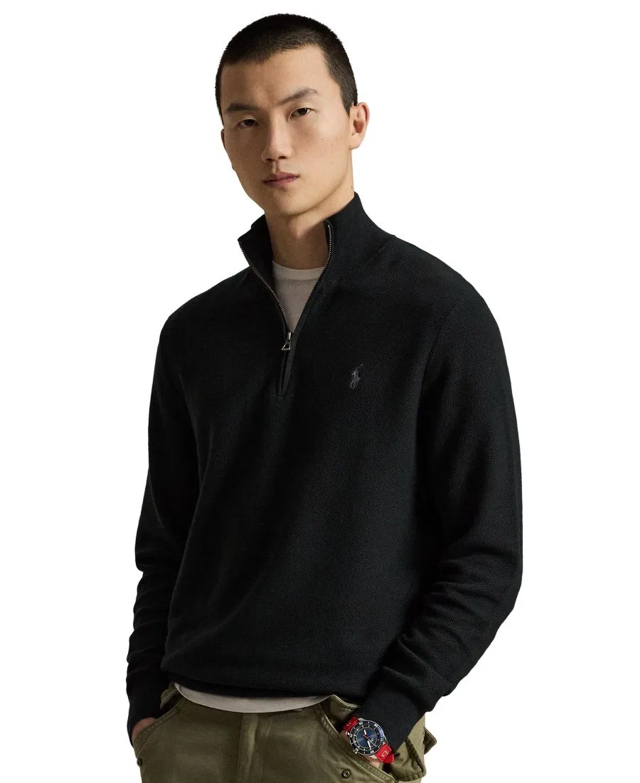 Свитер из хлопка с мелкой вязкой, полузастежкой-молнией Polo Ralph Lauren, Polo Black